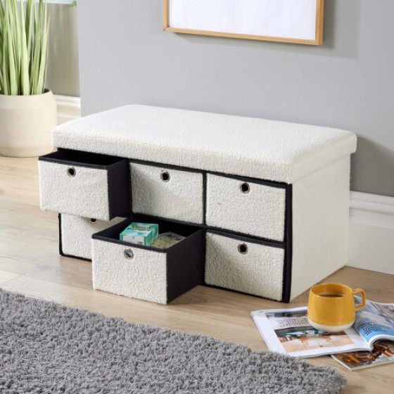 Home Source Circle Fabric Foldable 6-Drawer Storage Ottoman - Beige
